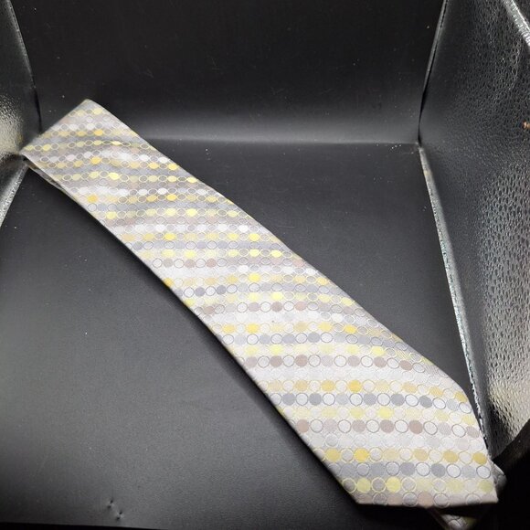 Calvin Klein 100% Silk Tie With Circle Pattern In Gray & Yellow - Picture 1 of 5